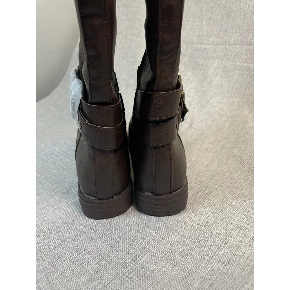 GC Shoes Women Size 8 Brown Faux Leather Riding Boots Knee‎ High Buckle Zip